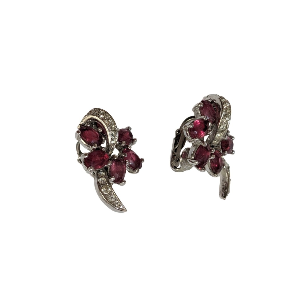 Vintage Trifari Red Cabochon Rhinestone Floral Spray Clip On Earrings SilverTone
